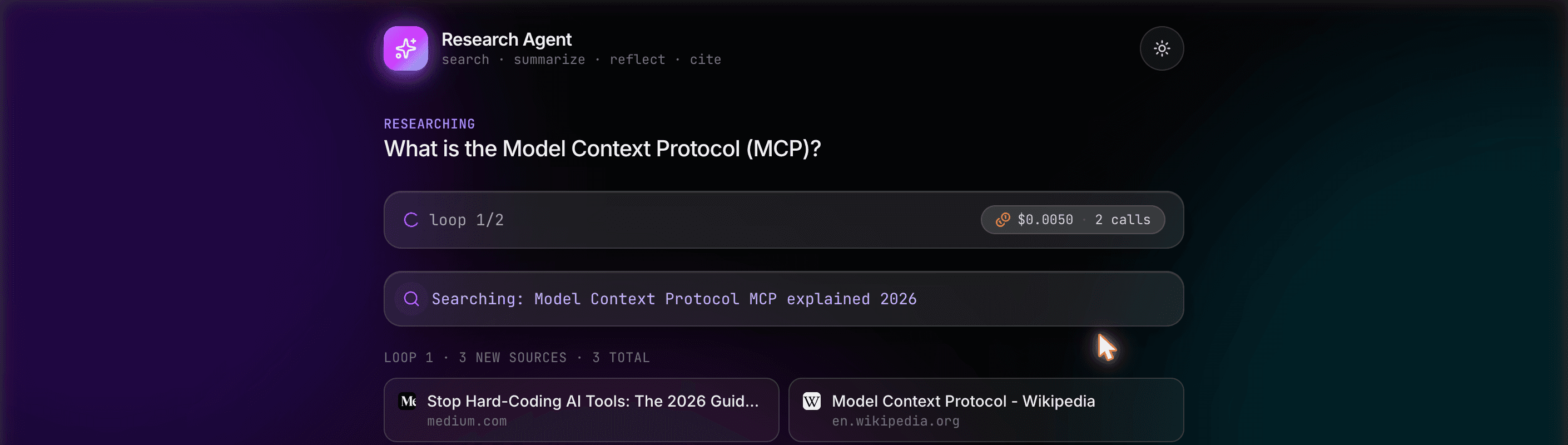 Researching — live search & sources